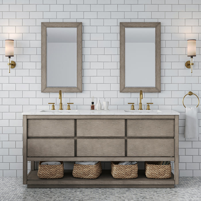72 Inch Double Sink Grey Oak Immerse Bathroom Vanity - Carrara Marble Countertop with Gold Faucets Included