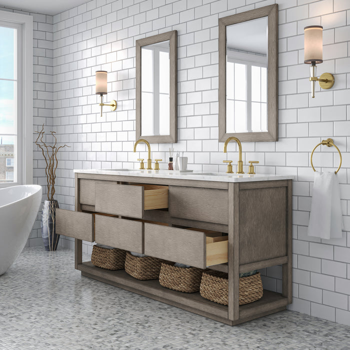 72-Inch Glimpse Grey Oak Double Sink Vanity Set with Carrara White Marble Top and Matching Mirrors