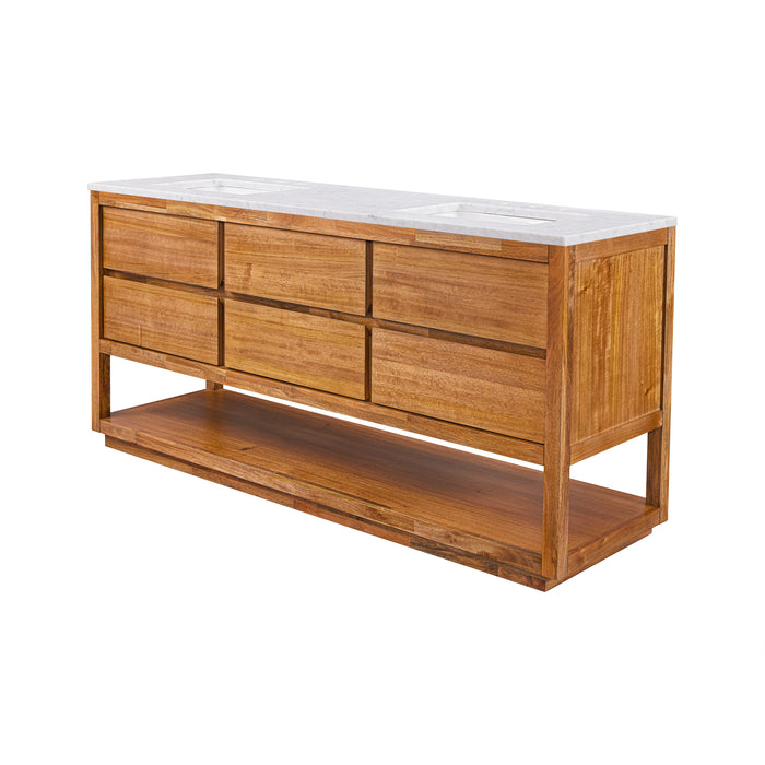 72 Inch Mango Wood Perspect Double Bathroom Vanity Mid-Century with White Marble Countertop & Undermount Sinks
