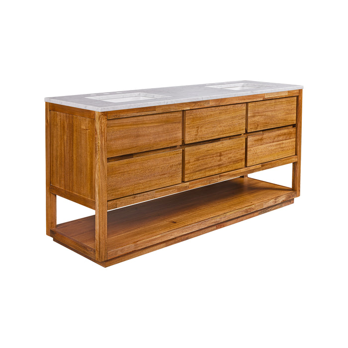 72-Inch Flourish Double Sink Mango Wood Vanity Mid-Century Modern Carrara Marble Countertop Chrome Faucets