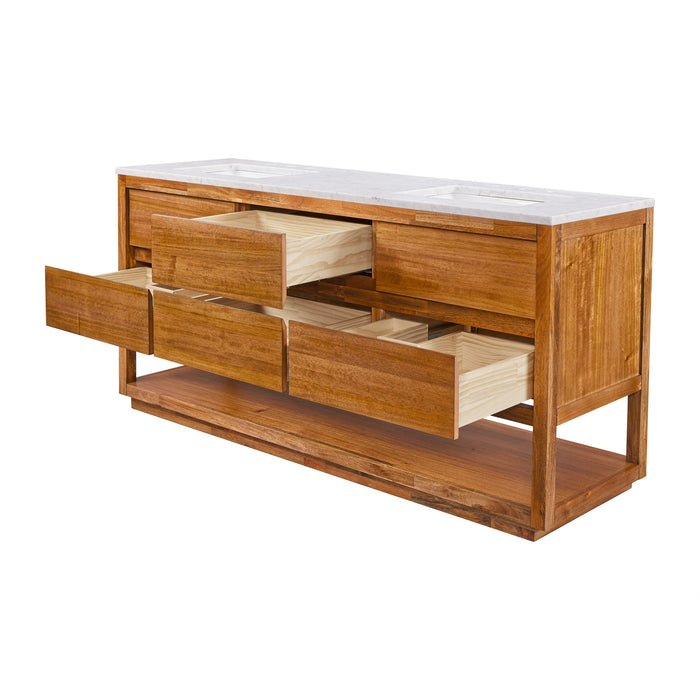 72 Inch Mango Wood Perspect Double Bathroom Vanity Mid-Century with White Marble Countertop & Undermount Sinks