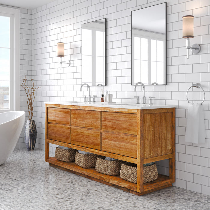 72-Inch Flourish Double Sink Mango Wood Vanity Mid-Century Modern Carrara Marble Countertop Chrome Faucets