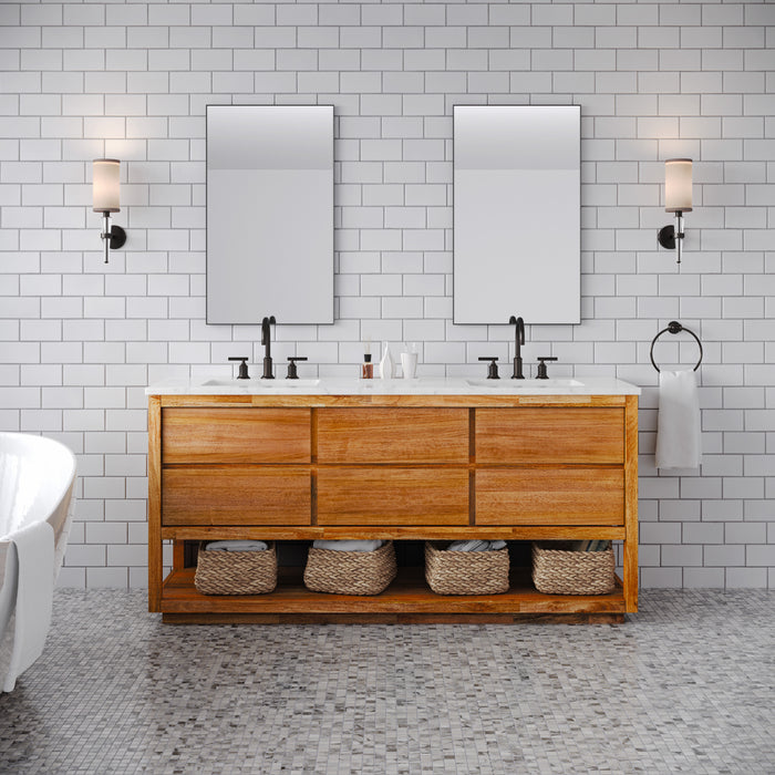 72-Inch Loft Double Sink Bath Vanity - Mango Wood with Carrara White Marble & ORB Faucets