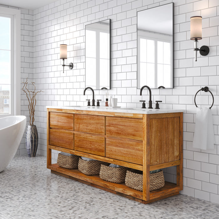 72-Inch Loft Double Sink Bath Vanity - Mango Wood with Carrara White Marble & ORB Faucets