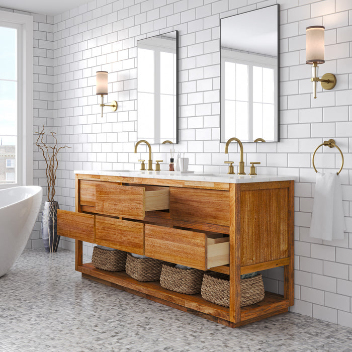 72 Inch Mango Wood Perspect Double Bathroom Vanity Mid-Century with White Marble Countertop & Undermount Sinks