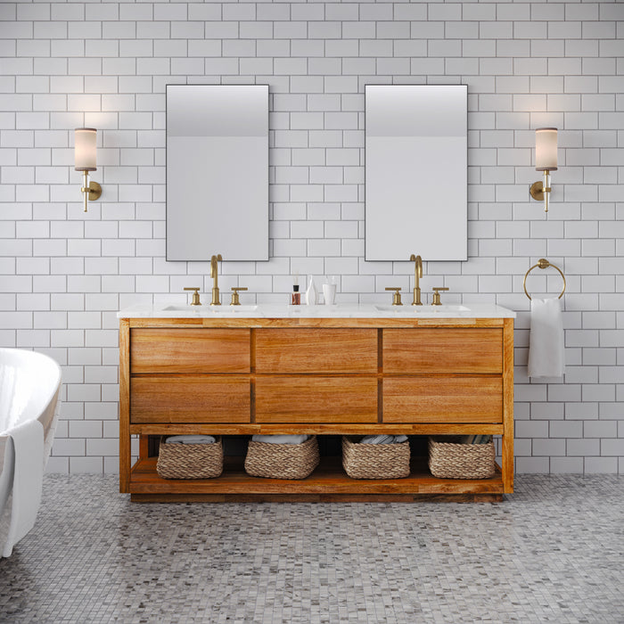 72-Inch Carrara White Marble Column Double Sink Vanity in Mango Wood with Gold Faucets
