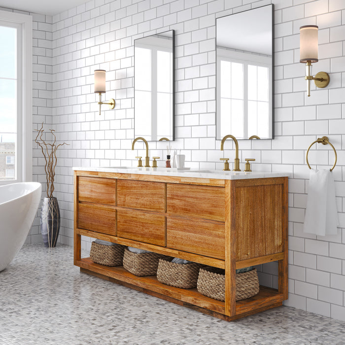72 Inch Mango Wood Perspect Double Bathroom Vanity Mid-Century with White Marble Countertop & Undermount Sinks