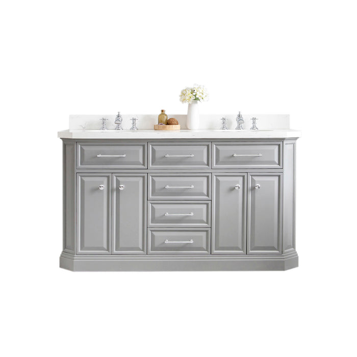 60-Inch Envision Carrara Quartz Double Sink Vanity – Cashmere Grey with Chrome Hardware & Waterfall Faucets