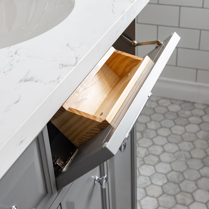60 Inch Designate Carrara Quartz Double Vanity – Cashmere Grey with Chrome Hardware & Pivot Mirrors