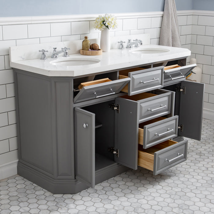 60 Inch Ember Hardwood Double Sink Vanity Carrara Quartz Top Cashmere Grey Chrome Faucets & Mirror