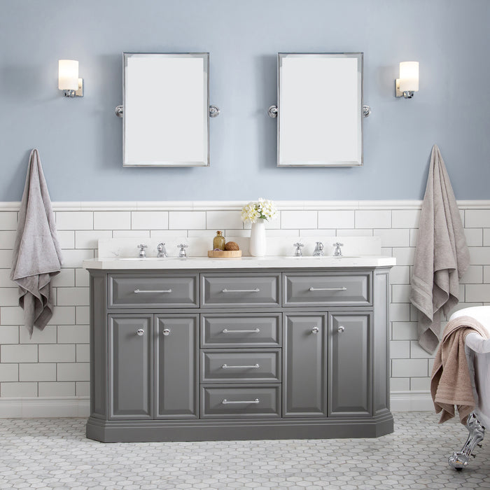 60 Inch Ember Hardwood Double Sink Vanity Carrara Quartz Top Cashmere Grey Chrome Faucets & Mirror