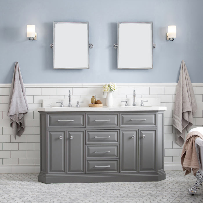 60-Inch Distincts Bath Vanity in Cashmere Grey Quartz Countertop with Chrome Hardware & Pivot Mirrors