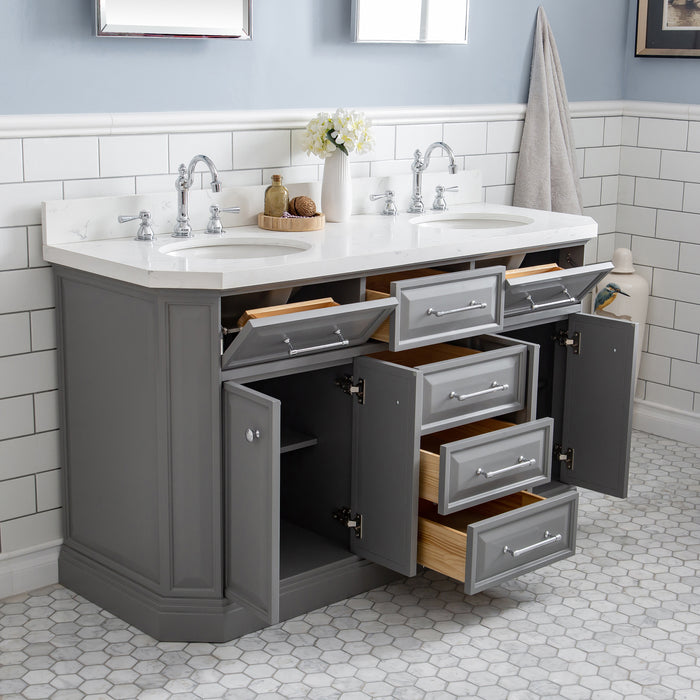 60-Inch Distincts Bath Vanity in Cashmere Grey Quartz Countertop with Chrome Hardware & Pivot Mirrors