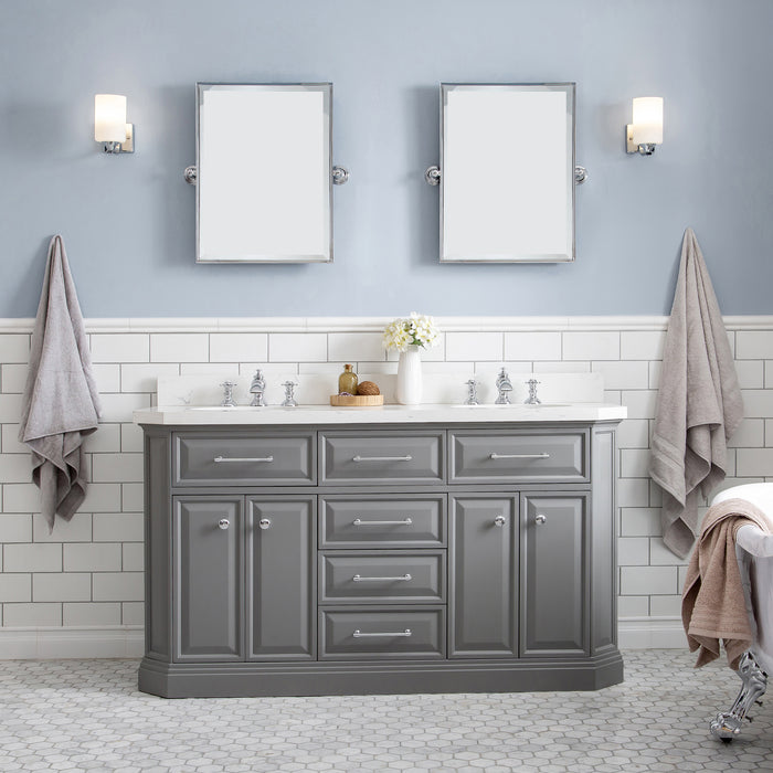 60-Inch Envision Carrara Quartz Double Sink Vanity – Cashmere Grey with Chrome Hardware & Waterfall Faucets