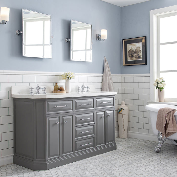 60 Inch Savoy Cashmere Grey Double Sinks Vanity – Quartz Countertop with Waterfall Faucets & Mirrors