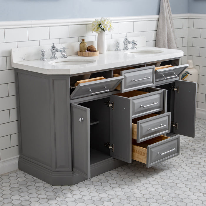 60 Inch Savoy Cashmere Grey Double Sinks Vanity – Quartz Countertop with Waterfall Faucets & Mirrors