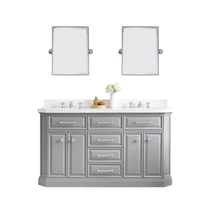 60 Inch Designate Carrara Quartz Double Vanity – Cashmere Grey with Chrome Hardware & Pivot Mirrors