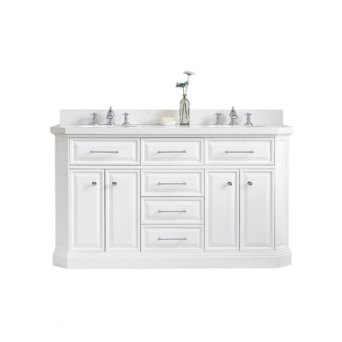 60-Inch Dual Sink Pure White Cassia Vanity – Carrara Quartz Countertop with Waterfall Faucets & Chrome Fixtures