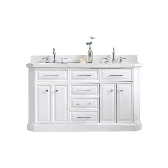 60-Inch Serenity Carrara Quartz Double Vanity – Pure White with Hook Faucets & Chrome Hardware