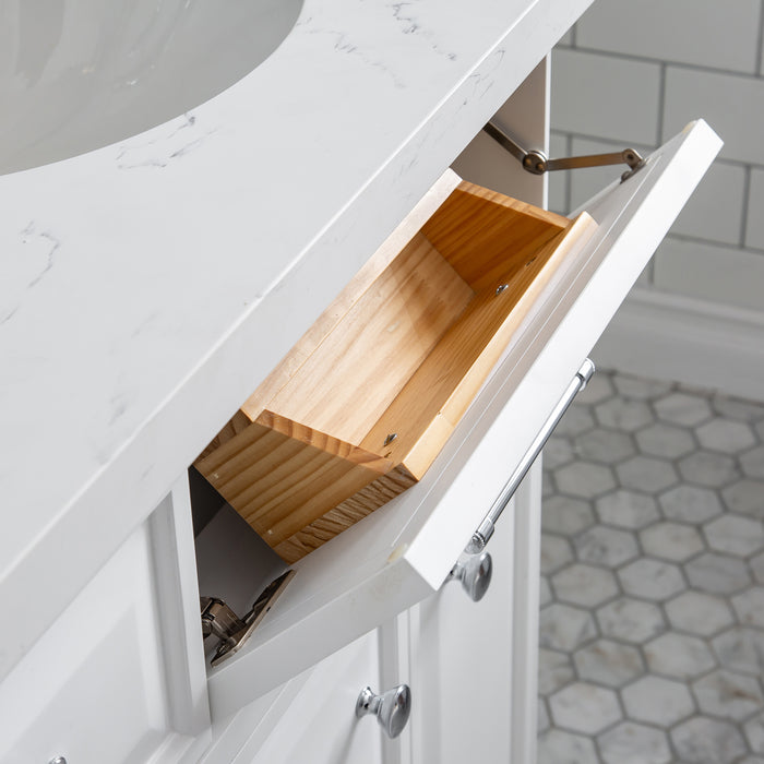 60 Inch Ledger Double Sink Vanity in Pure White Finish – Carrara Quartz, Hook-Style Faucets & Chrome Hardware with Mirrors