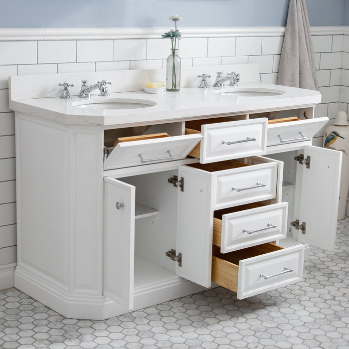60 Inch Ledger Double Sink Vanity in Pure White Finish – Carrara Quartz, Hook-Style Faucets & Chrome Hardware with Mirrors