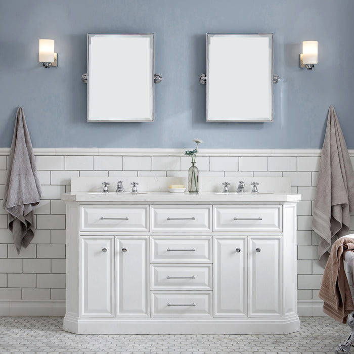 60-Inch Sailor Dual Sinks Bathroom Vanity in White Finish – Quartz Top with Chrome Accents & Pivot Mirrors