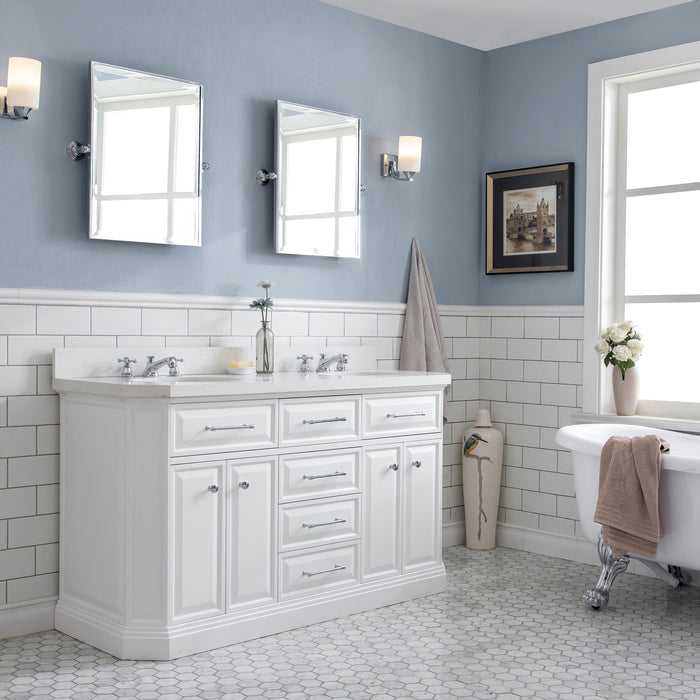 60 Inch Ledger Double Sink Vanity in Pure White Finish – Carrara Quartz, Hook-Style Faucets & Chrome Hardware with Mirrors