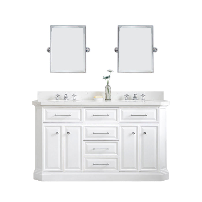 60 Inch Ledger Double Sink Vanity in Pure White Finish – Carrara Quartz, Hook-Style Faucets & Chrome Hardware with Mirrors