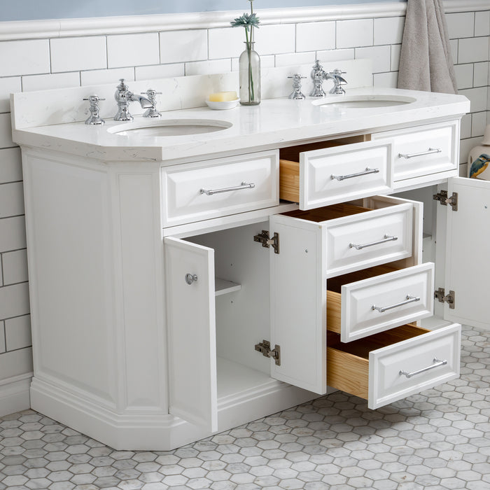 60" Fathom Quartz Dual Sink Vanity in White Base – Chrome Hardware with Waterfall-Style Faucets & Pivot Mirror Set
