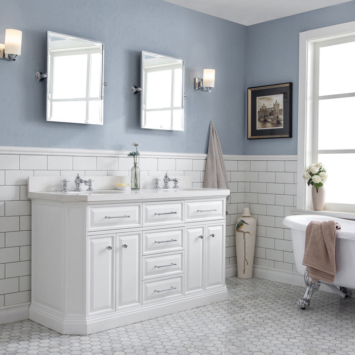 60" Fathom Quartz Dual Sink Vanity in White Base – Chrome Hardware with Waterfall-Style Faucets & Pivot Mirror Set