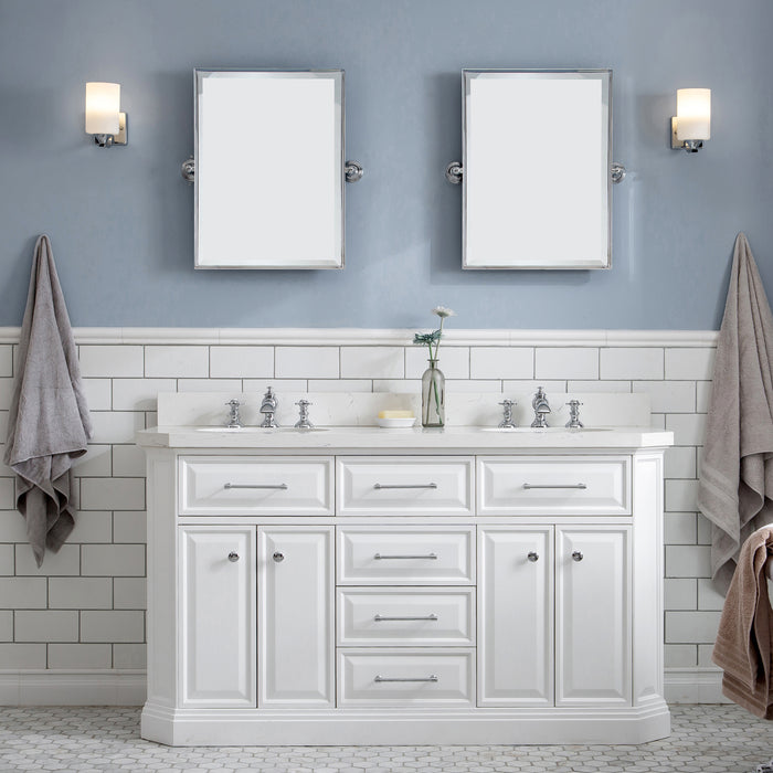 60" Fathom Quartz Dual Sink Vanity in White Base – Chrome Hardware with Waterfall-Style Faucets & Pivot Mirror Set