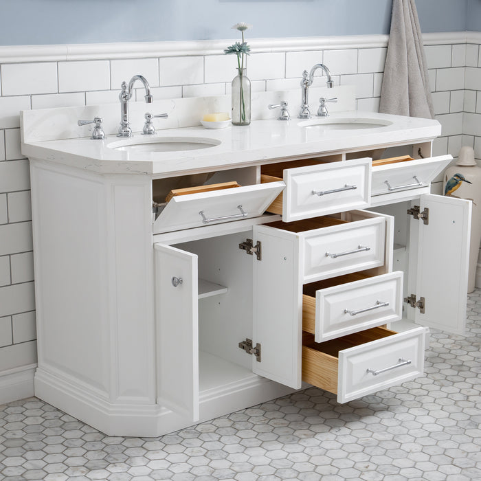 60-Inch Serenity Carrara Quartz Double Vanity – Pure White with Hook Faucets & Chrome Hardware