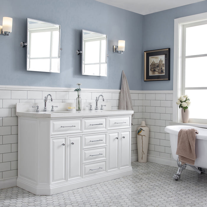 60-Inch Serenity Carrara Quartz Double Vanity – Pure White with Hook Faucets & Chrome Hardware