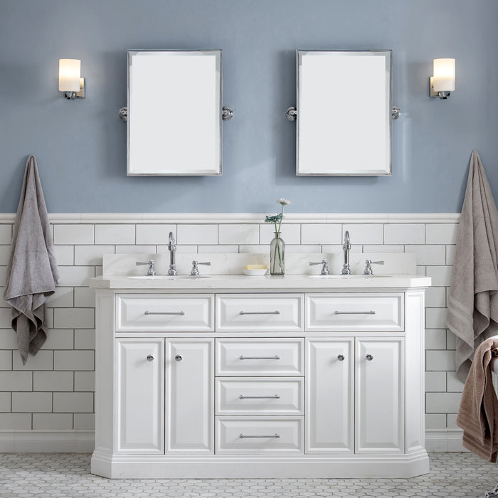 60-Inch Serenity Carrara Quartz Double Vanity – Pure White with Hook Faucets & Chrome Hardware