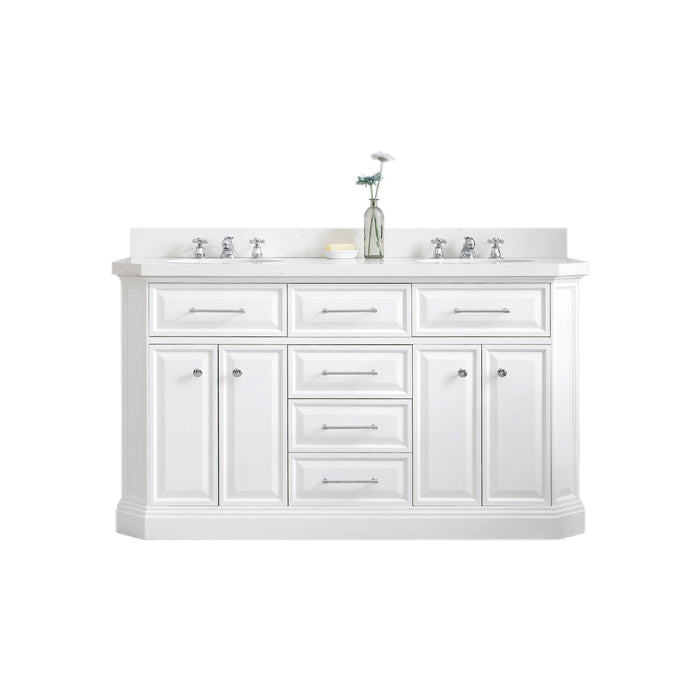 60 Inch Harbor Double Sink Vanity in White Finish – Quartz Top with Chrome Hardware & Classic Faucet Set