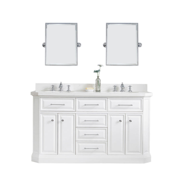 60" Fathom Quartz Dual Sink Vanity in White Base – Chrome Hardware with Waterfall-Style Faucets & Pivot Mirror Set