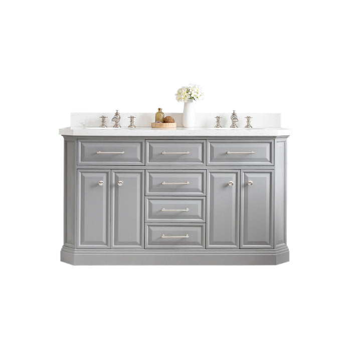 60-Inch Empower Dual Sinks Vanity in Cashmere Grey –  Carrara Quartz with Nickel Hardware & Waterfall Faucets