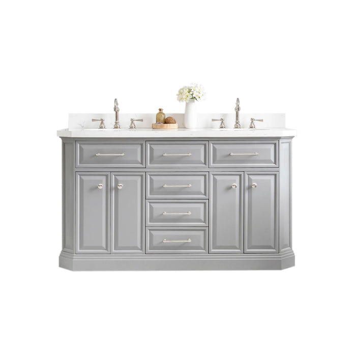 60-Inch Aloram Quartz Top Double Sink Vanity – Grey Finish & Hook-Style Faucets with Nickel Hardware