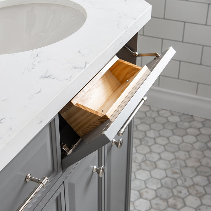 60 Inch Minglet Double Sink Quartz Top Bathroom Vanity – Cashmere Grey with Hook Faucets & Rectangular Mirrors