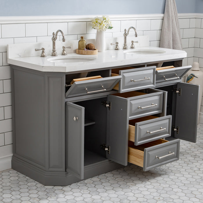 60 Inch Minglet Double Sink Quartz Top Bathroom Vanity – Cashmere Grey with Hook Faucets & Rectangular Mirrors