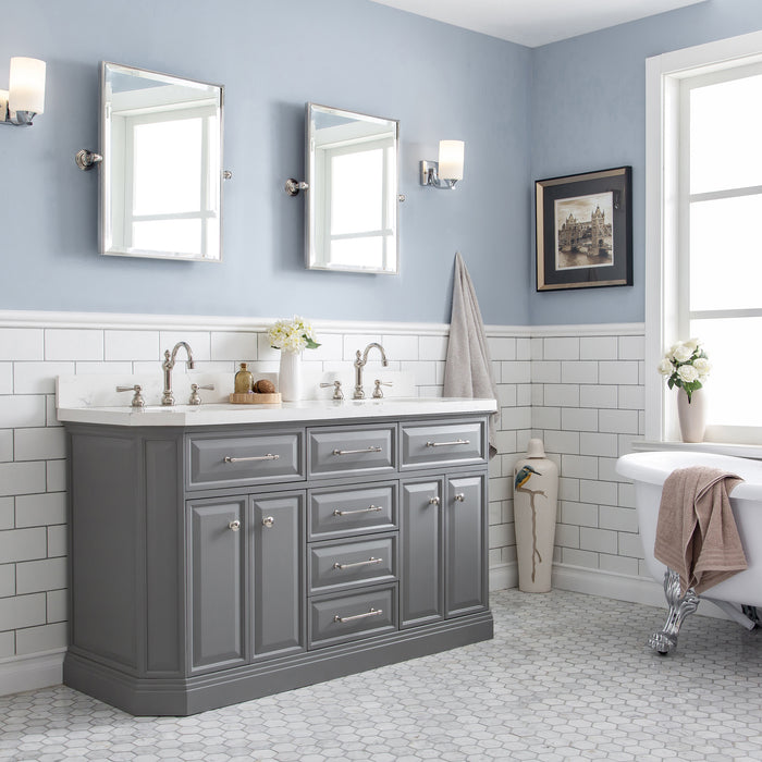 60 Inch Minglet Double Sink Quartz Top Bathroom Vanity – Cashmere Grey with Hook Faucets & Rectangular Mirrors