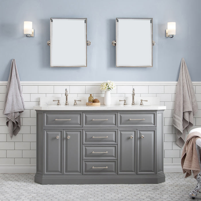 60 Inch Minglet Double Sink Quartz Top Bathroom Vanity – Cashmere Grey with Hook Faucets & Rectangular Mirrors