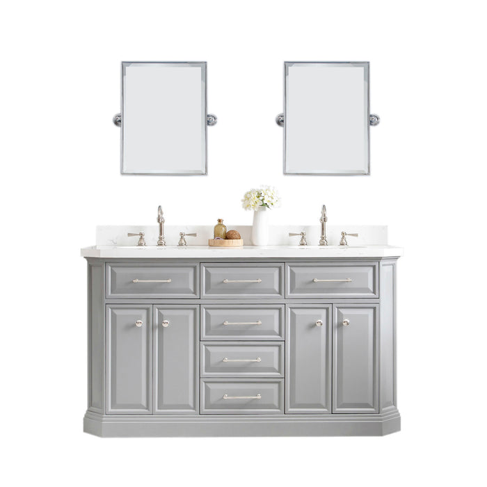 60 Inch Minglet Double Sink Quartz Top Bathroom Vanity – Cashmere Grey with Hook Faucets & Rectangular Mirrors