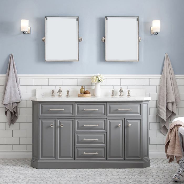 60 Inch Habitat Quartz Top Double Sink Vanity – Waterfall Faucets with Nickel PVD Hardware & Pivot Mirrors