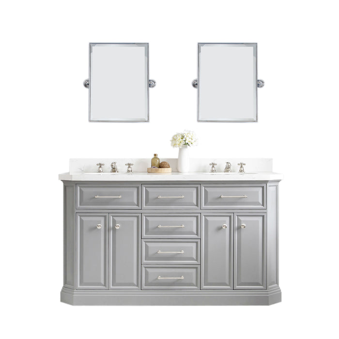 60-Inch Steadfast Quartz Double Sink Bathroom Vanity – Hook Faucets with Polished Nickel Finish & Rectangular Mirrors