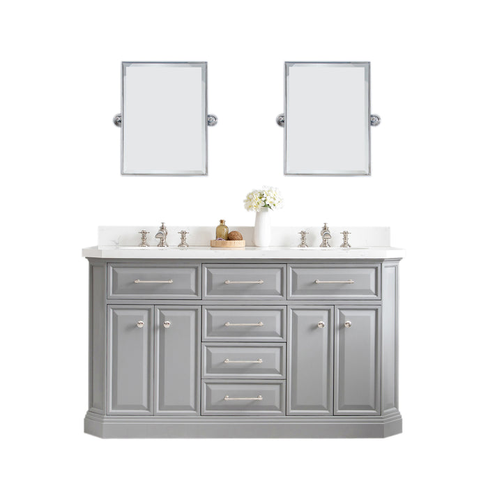 60 Inch Habitat Quartz Top Double Sink Vanity – Waterfall Faucets with Nickel PVD Hardware & Pivot Mirrors