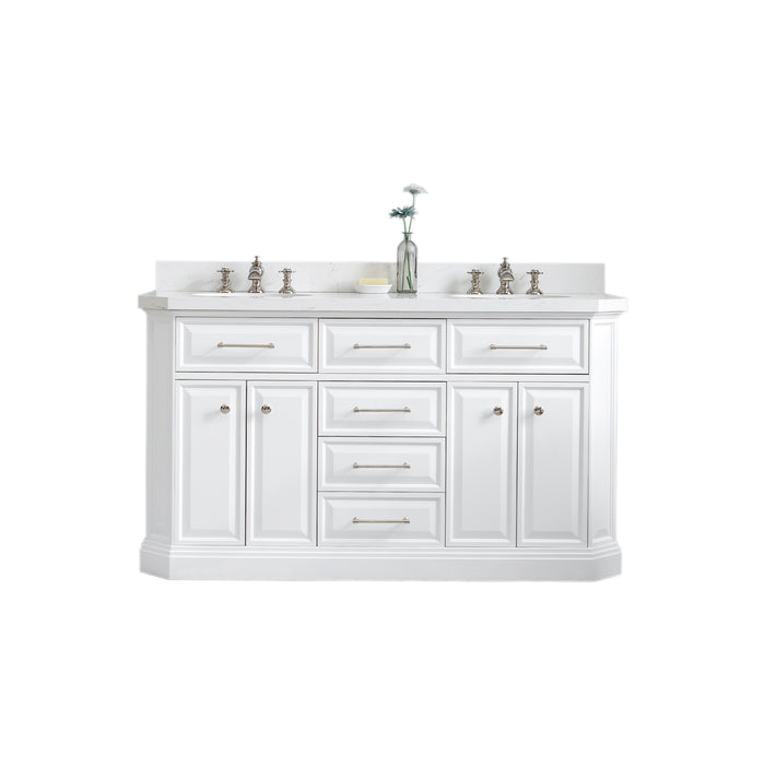 60-Inch Ernie Quartz Dual Sink Bathroom Vanity – Pure White Cabinet with Waterfall Faucet & Modern Nickel Hardware