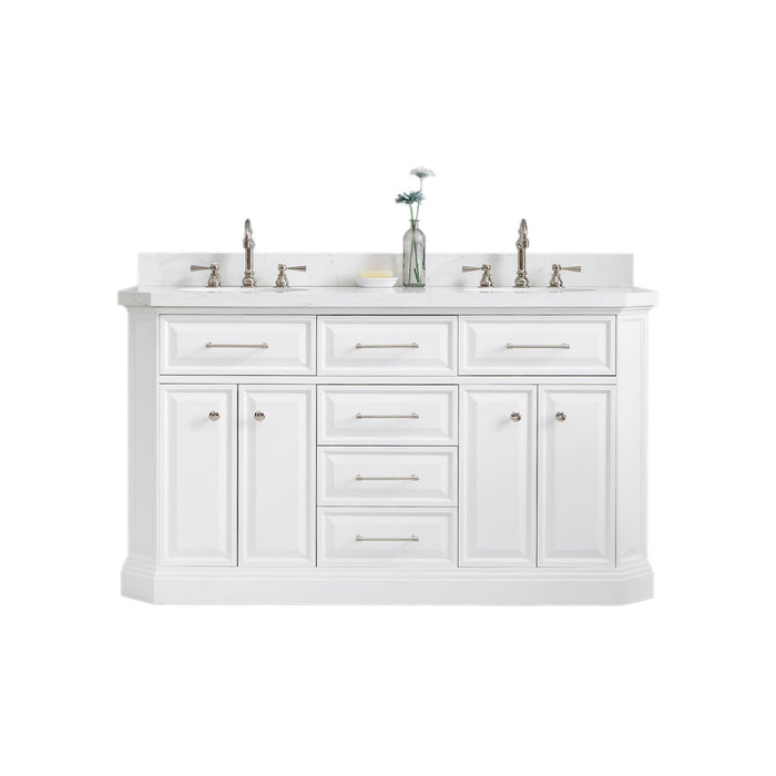 60-Inch Double Sink Journey Vanity – Pure White Cabinet with Quartz Countertop, Hook-Style Faucet & Polished Nickel Hardware