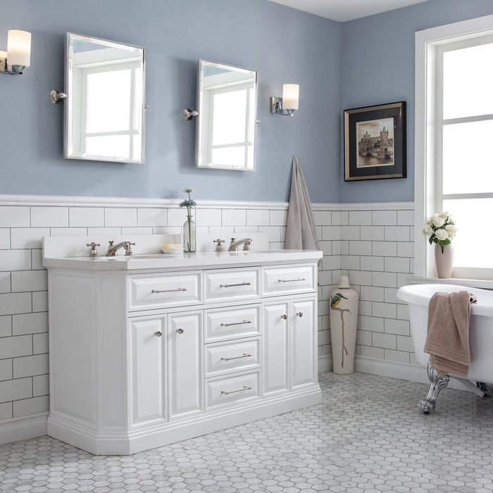 60-Inch Maybelle Bathroom Vanity in White Finish – Quartz Top with Polished Nickel Accents & Pivot Mirror Set