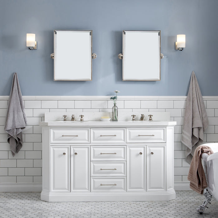 60 Inch Double Sink Kindred Carrara Quartz Bathroom Vanity – Classic Faucets with Polished Nickel PVD Hardware & Rectangular Mirrors